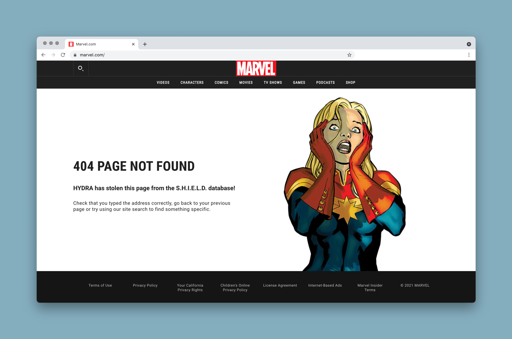Página de error de Marvel.com
