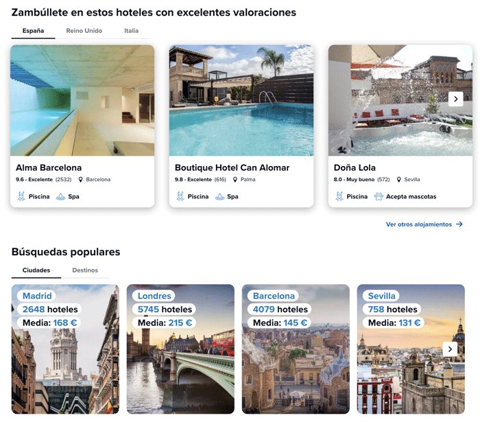 Selección de hoteles en España con altas valoraciones, mostrando el Alma Barcelona, Boutique Hotel Can Alomar y Doña Lola, cada uno con amenidades destacadas como piscina y spa.