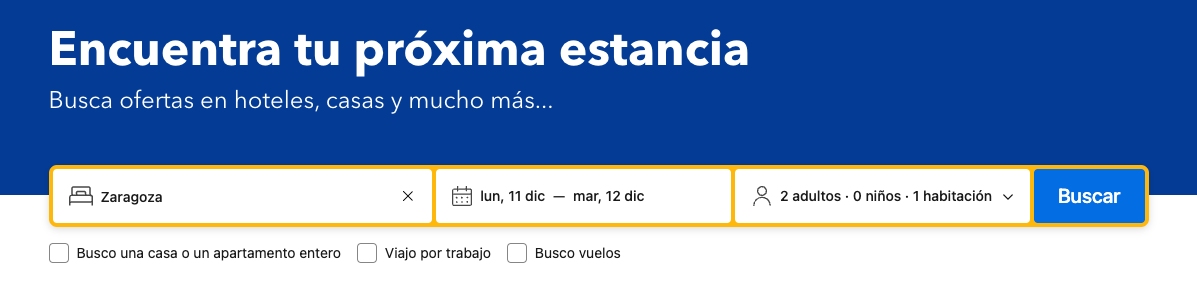Barra de búsqueda de Booking.com enfocada en Zaragoza, con opciones para seleccionar fechas de estancia y número de personas, destacando su interfaz de usuario azul y amarilla.