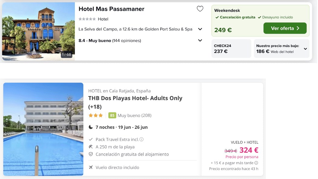 Anuncios de hoteles con detalles de valoración, precio y ofertas especiales, como cancelación gratuita y desayuno incluido, para destinos en España.
